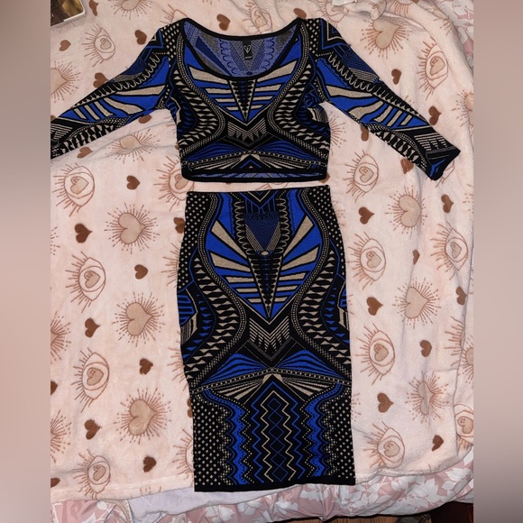 Windsor Midi Skirt And Top Long Sleeve Black & Blue Body Con Print Cotton ( Set) - Picture 1 of 13